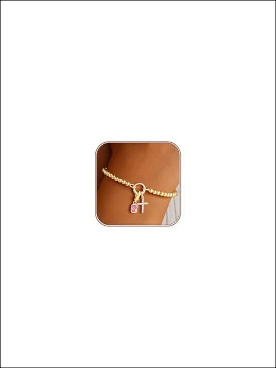Jewelry - Turandoss Cross Birthstone Bracelet 14K Gold Plated Beaded Charm